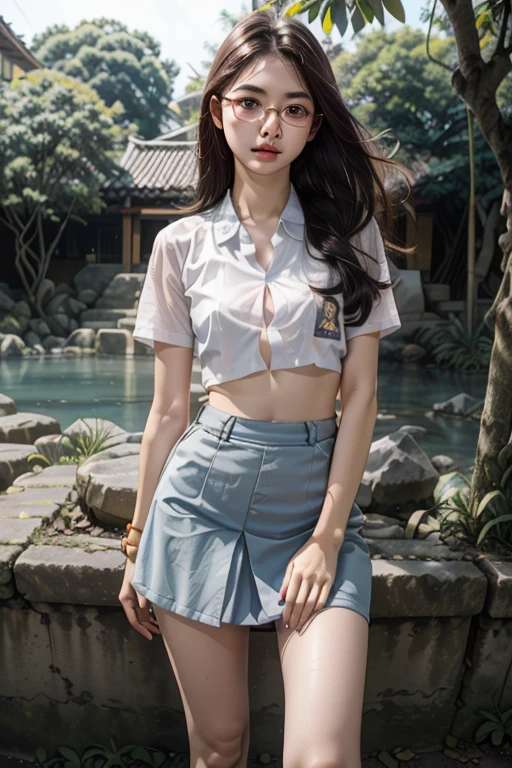 1 girl, (((at park))), (transparent white shirt), (wet shirt), (mini skirt), (pastel blue skirt), RAW photo, (photorealistic:1.37, realistic), highly detailed CG unified 8K wallpapers, 1girl, ((slender body:1)), (small breasts:1.3), looking at viewer, ((straight from front)), (HQ skin:1.2), (clean skin:1.2), 8k uhd, dslr, soft lighting, high quality, film grain, Fujifilm XT3, (full body:0.8) , tokyolagii , (bold glasses), full body in, perfect body, two legs, long legs, (wide waist:1.2), (big tigh:1.3), (cleavage:0.8), sad, blushing