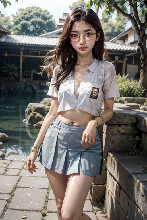 1 girl, (((at park))), (transparent white shirt), (wet shirt), (mini skirt), (pastel blue skirt), RAW photo, (photorealistic:1.37, realistic), highly detailed CG unified 8K wallpapers, 1girl, ((slender body:1)), (small breasts:1.3), looking at viewer, ((straight from front)), (HQ skin:1.2), (clean skin:1.2), 8k uhd, dslr, soft lighting, high quality, film grain, Fujifilm XT3, (full body:0.8) , tokyolagii , (bold glasses), full body in, perfect body, two legs, long legs, (wide waist:1.2), (big tigh:1.3), (cleavage:0.8), sad, blushing