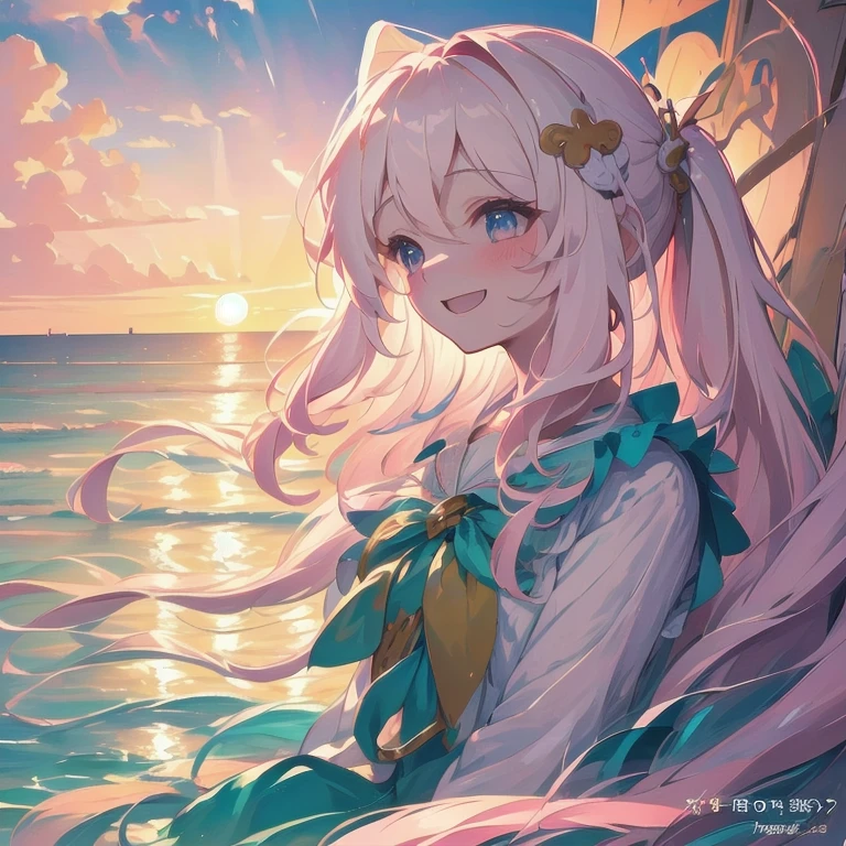 (Exquisite, Beautiful and highly detailed, masterpiecehigh quality, Confused, High resolution, Full HD, 16k), (woman,Mermaid),(Sitting on a large white shell),((happy, fun, smile, Laughter:1.3)), (Bob, Wavy Hair, Pink Hair), (([Bare hands:1.5)),Purple Eye, ((Sing a song:1.5)),Big Eyes, White skin, slim,( Soft Edge, Soft line design), Wide Shot, (Highly saturated colors, Bright colors, Pastel colors), (under the 美しいsea, At sea), Dramatic lighting, Warm lighting, Soft lighting, Fantasy, Romantic atmosphere, Dreamy atmosphere, floating