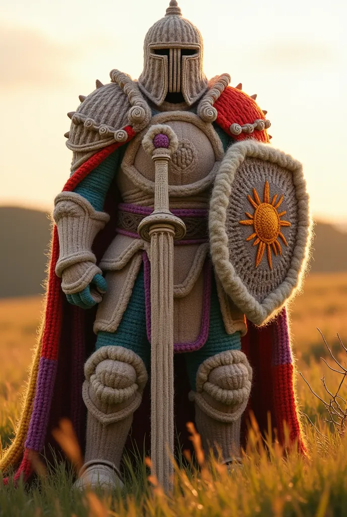 A towering paladin warrior, fully clad in wool from head to toe, with no part of his face or body visible. His entire form is crafted from thick, soft strands of yarn. His helmet completely covers his head, made entirely of interwoven wool with no gaps for eyes or a face, giving a mysterious, impenetrable look. The helmet features intricate, woolen detailing, such as raised ridges and soft spikes, but it is solid and fully enclosed. His armor, though bulky and heavily layered, is entirely made of wool, with thick yarn forming every piece, from the chest plate to the gauntlets and greaves. His shield is a soft, padded wool creation, adorned with an embroidered symbol of a golden sun, and his sword is a large, fluffy knitting needle. The paladin’s cape is a patchwork of bold, vibrant colors, gently swaying in the wind. He stands on a grassy meadow, illuminated by golden sunlight, and the soft wool fibers that make up his entire being shimmer in the light. Every piece of his armor and weaponry exudes softness, but his presence remains imposing and heroic.