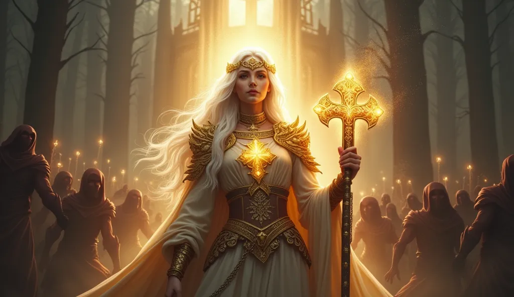 Girl Long Snow White Hair, on goals diadem, On the chest hangs a cross made of red gold, Radiates Light Divine Magic, Aura Holy and Good, Knight in Golden Armor Which Sparkle with Patterns and Shimmers Different, ((Right Hand Cross Wood Carved Very Beautiful and Detailed)), in the Left Hand Holds a Mace on a Chain, Hanging, Фон Fighting Evil Толпы Злой Нежити Атакуют, She Stands Radiating Heavenly Light, Giving People Hope, fantasy, Epic scene, Into the Dark Gloomy Forest and the Cathedral Church, Fighting Evil, Hordes of Undead Attack, Paladin&#39;s Girl, masterpiece, 8 k, maximum quality, Game of Shadows, cinematic style, Fantasy Game, Maximum Quality Picture Epic, Full Detailed, Detailed, Light Magic Defeats Monsters, You can feel the scope and huge view of the events,