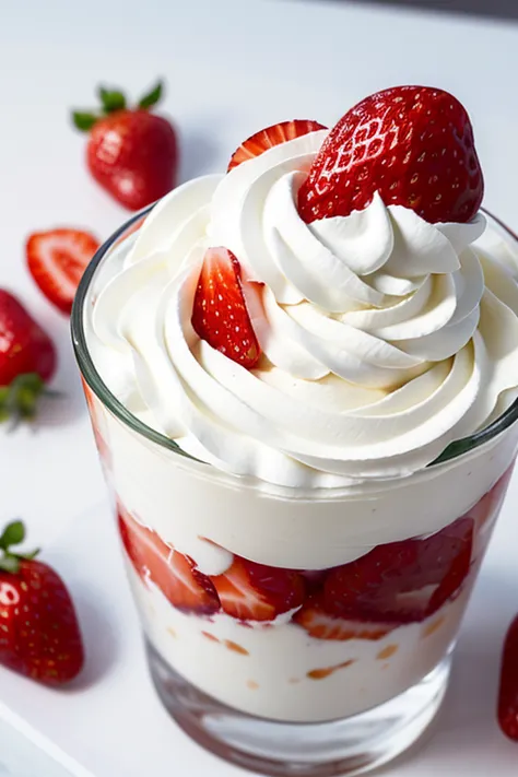 detailed close-up photo of a transparent plastic cup filled with fresh strawberries and whipped cream, highly realistic, photorealistic, sharp focus, studio lighting, vivid colors, delicious, appetizing, elegant, glass, transparent, strawberry, cream, dessert, food photography, product photography, still life