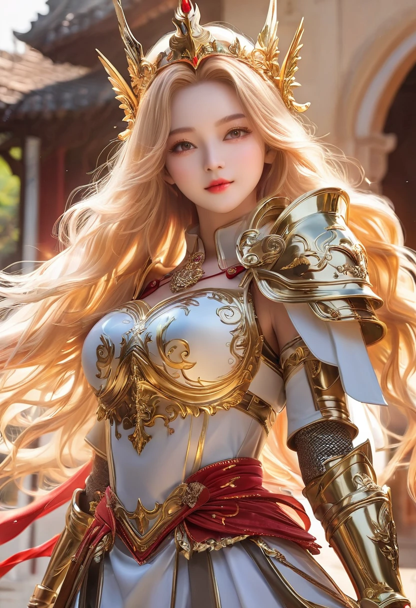 （masterpiece、high quality、Beautiful details、８k 、Well-balanced appearance）、Very powerful、Beautiful female holy knight（Long golden hair、Beautiful armor and helmets、Beautiful Face、Slender、）teeth、A presence filled with dignity and conviction、He&#39;s like a guardian running through the medieval battlefield.。 甲冑と兜teeth巧で、The armor is reflective silver with gold decorations.、Gorgeous and beautiful、The whole place exudes a sacred atmosphere.。Brandishing a beautiful sword。Slenderで美しくスタイルの良い全身。彼女の背後にいる愛馬の黒い馬teeth力強く、It is depicted with both front legs raised high.。Looking from below、Digital art style、