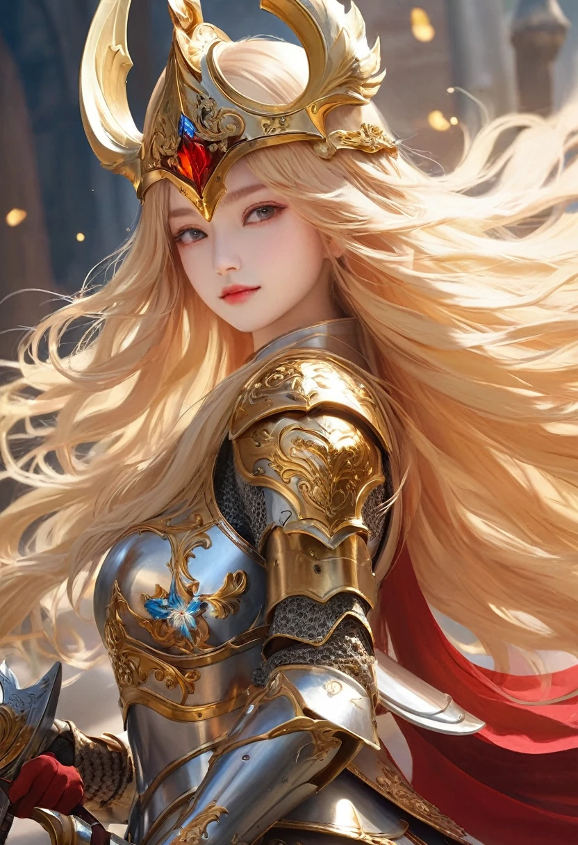 （masterpiece、high quality、Beautiful details、８k 、Well-balanced appearance）、Very powerful、Beautiful female holy knight（Long golden hair、Beautiful armor and helmets、Beautiful Face、Slender、）teeth、A presence filled with dignity and conviction、He&#39;s like a guardian running through the medieval battlefield.。 甲冑と兜teeth巧で、The armor is reflective silver with gold decorations.、Gorgeous and beautiful、The whole place exudes a sacred atmosphere.。With a beautiful sword to his chest、I pledge my allegiance。Slenderで美しくスタイルの良い全身。Standing in front of a medieval European castle、Looking from below、Digital art style、
