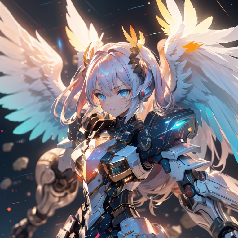 (a bit: 1.2), (masterpiece: 1.4), (Best Quality: 1.4), (She is fused with a Gundam mecha from the future..:1.4), (Very cute angel girl, Ultra Detailed Face, Jewel-like eyes, White very long hair, Colorful gradient hair: 1.4),Put on the headgear, With V-fin ,Mechanical Wings, (whole body:1.5, Two perfect arms, Perfect two legs: 1.4), (Four perfect fingers: ), Light, Shine, Bokeh, Super Fine, Watch the audience,Focus on the eyes　star,Wide viewing angle,Low Angle,彗star,milky way,((Archangel　Fantasy　Rainbow Hair　Dye the inside of your hair rainbow colors　Twin tails　Dull blue eyes))　((Has a galaxy　Uniform　Please wear your coat without putting your arms through it.))　(((Wings many times larger than mine　Rainbow gradient feathers　Glass Feather)))　Pillar of Light　Cyberpunk　Smiling Kindly　Front　Low Angle))　((tears　gloves))　(Broken glass　Rolling Pebble　Distorted Space-Time　star)　Catching the Wind　milky way　Shine背景　Particles of light　rainbow colored edges　Shineエッジ　star,Wide viewing angle,High Position,彗star,milky way,Watching from afar