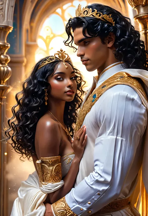 novel in celestial letscape, wedding of (((a beautiful celest royal couple darkskin))), a young dark hair man and a young white ...