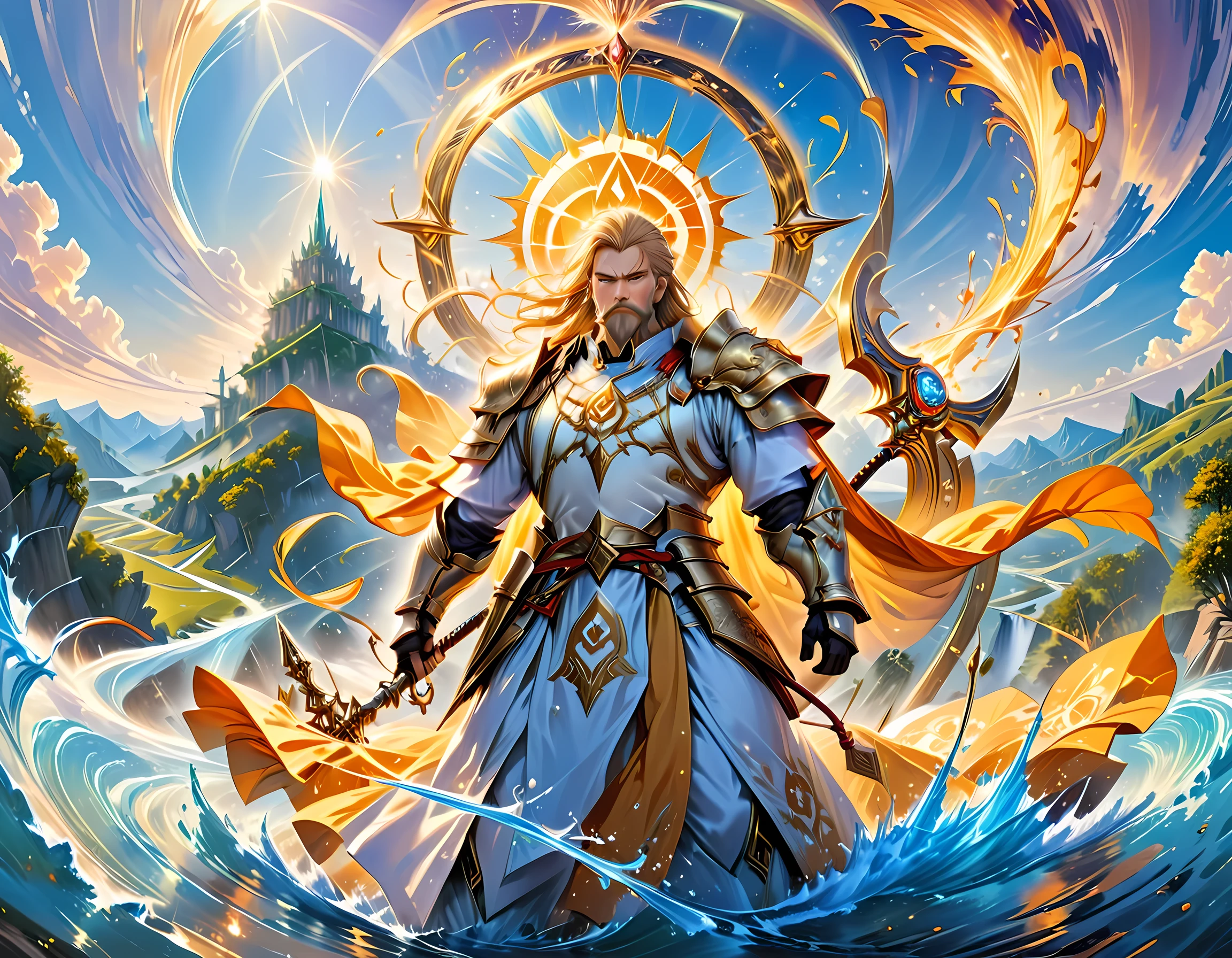 male, dwarf, (Masterpiece 1.5, intense details)cleric, paladin, (Masterpiece 1.5, intense details), casting a spell (Masterpiece 1.3, intense details),wearing heavy white armor with spikes (Masterpiece 1.2, intense details), orange cloak with sun symbol, flowing (Masterpiece 1.5, intense details) holy symbol, armed with  ((mighty axe)),  blond hair, long braided beard, hair strand, frown, serious, high detail, Realism, Action painting, depth of field, god rays, wide shot, panorama, Ultra-Wide Angle, UHD, super detail, high quality, 4K, highres