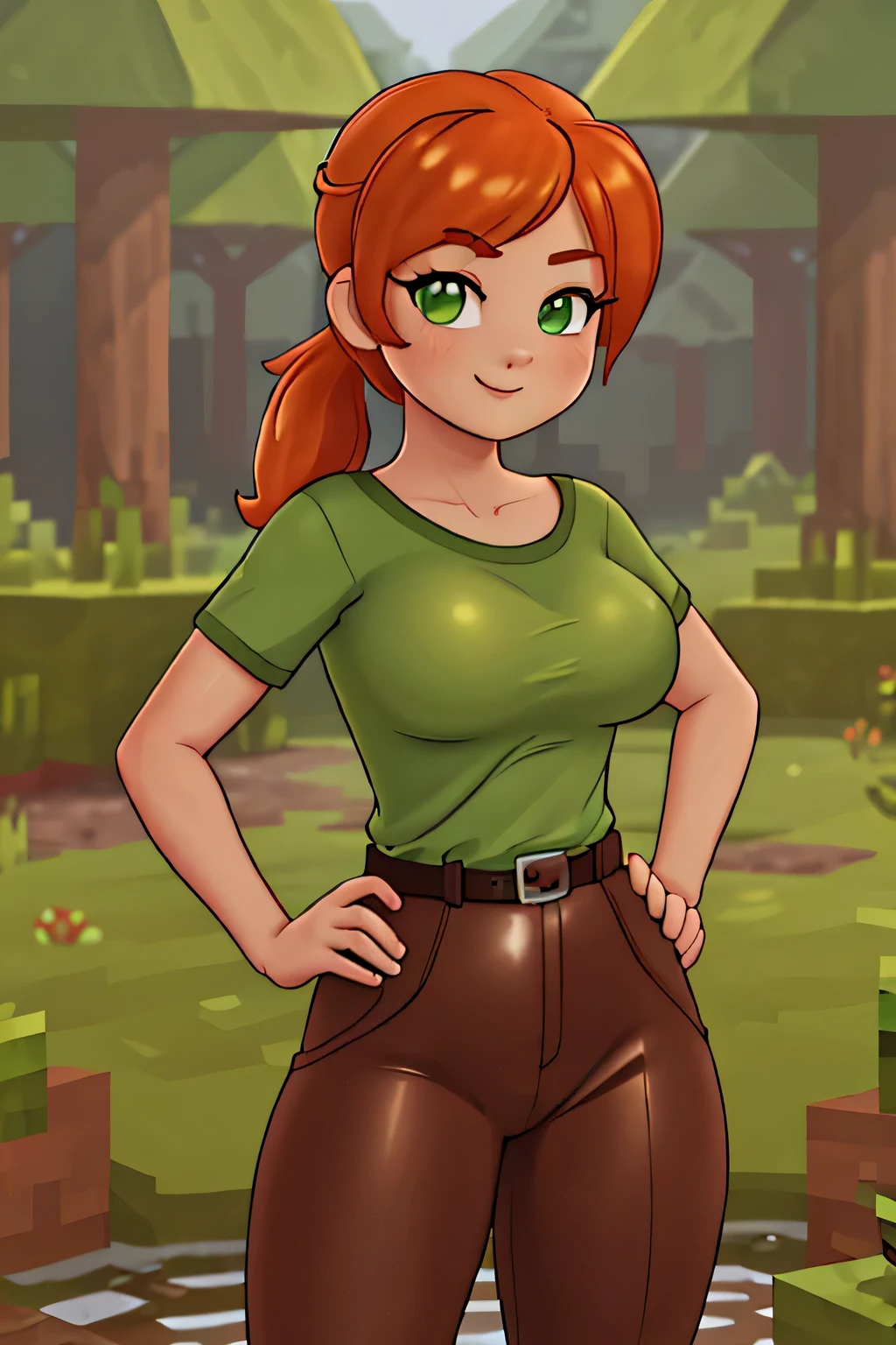 close up 1girl in, photo of Alex, Alex Minecraft, Solo, (messy orange hair, short ponytail over left shoulder, thick Ginger hair, (green eyes: 1.2), (perfect clear skin, pale skin, detailed skin, large breasts, round breasts, perfect body, skinny, thin), (thin hips, thin waist: 1.25), neutral face, mischievous smile, (wearing a green t-shirt, brown bush pants, leather belt, dark leather boots), in a forest forest, surrounded by square trees, on a square rock by a stream, Minecraft world, (realistic photo, best quality, detailed), (8k wallpaper), (cinematic lighting, beautiful light, (noon:1.3)) (sharp focus, intricate), (dslr, realistic, looking at viewer, sharp focus, delicate, soft colors, cinematic)