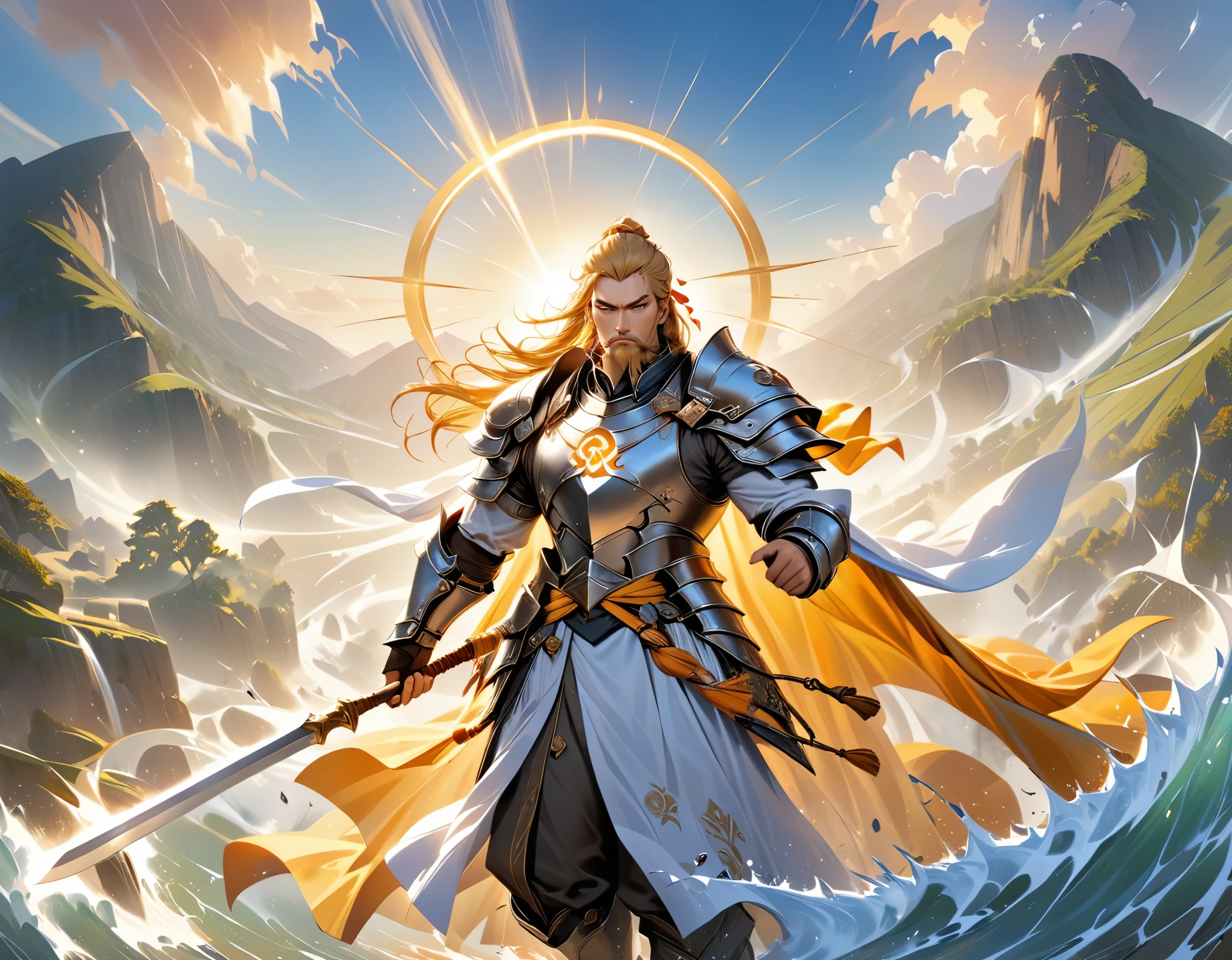 male, dwarf, (Masterpiece 1.5, intense details)cleric, paladin, (Masterpiece 1.5, intense details), casting a spell (Masterpiece 1.3, intense details),wearing heavy white armor with spikes (Masterpiece 1.2, intense details), orange cloak with sun symbol, flowing (Masterpiece 1.5, intense details) holy symbol, armed with  mighty axe,  blond hair, long braided beard, hair strand, frown, serious, high detail, Realism, Action painting, depth of field, god rays, wide shot, panorama, Ultra-Wide Angle, UHD, super detail, high quality, 4K, highres