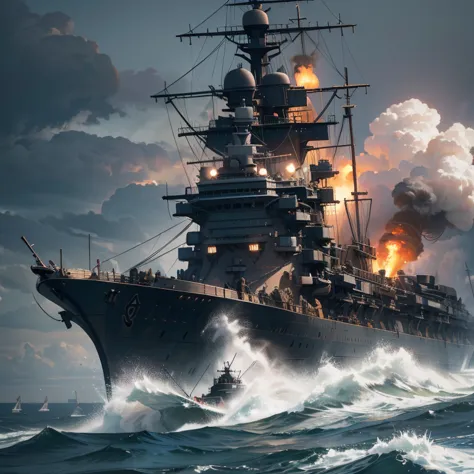 a massive battleship from world war 2, intense naval battle, waves crashing against the hull, smoke and fire, explosions, crew m...