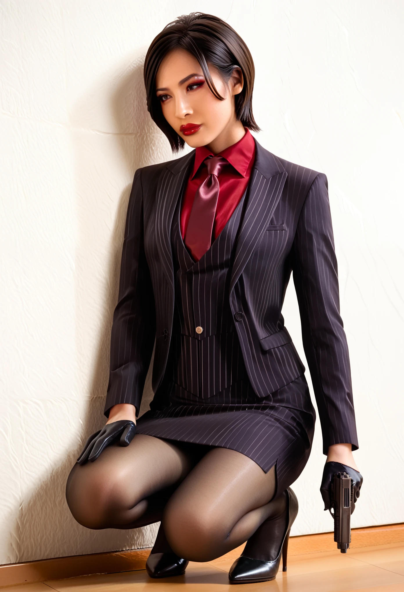 score_9, score_8_up, score_7_up, ada wong, awong_re4rm, three-piece suit,  formal, jewelry, ((waistcoat)), black pinstripe skirt suit, dress shirt, red silk necktie, blazer, suit jacket, bodycon pencil skirt, red shirt, suit trim, makeup, lipstick, black pantyhose, 1girl, posing, petite, perfect face, closeup, squatting, holding gun, looking to the side, on alert, sneaking, elegant, leaning against wall, tommy gun, chicao typewriter, back to wall, holding gun up, black leather gloves, head turn