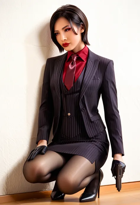 score_9, score_8_up, score_7_up, ada wong, awong_re4rm, three-piece suit,  formal, jewelry, ((waistcoat)), black pinstripe skirt...