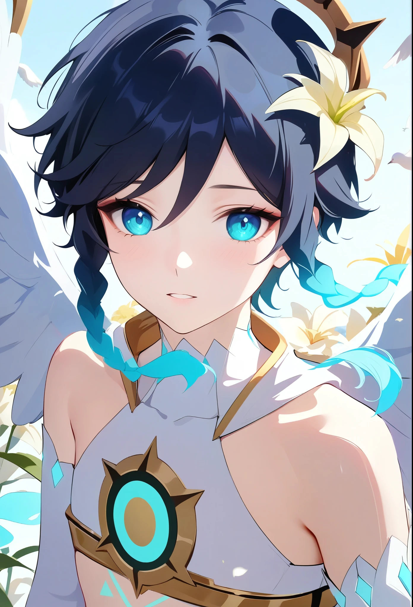 (masterpiece,best quality,4k,8k,absurdres:1.2), best quality, expressive eyes, perfect face, 1boy, flat chest,venti_\(archon\)_\(genshin_impact\),bare stomach,graceful,realistic:.5,(face focus,detailed_eyes),black hair

white doves, genshin impact, white lilies, dandelions, beautiful lilies blooms and plants surrounding him, (framed by the full moon clock and constellations in an stained glass art style), dazzling moonlit scene, tarot, archonventi, large angel wings,dsmile:.25