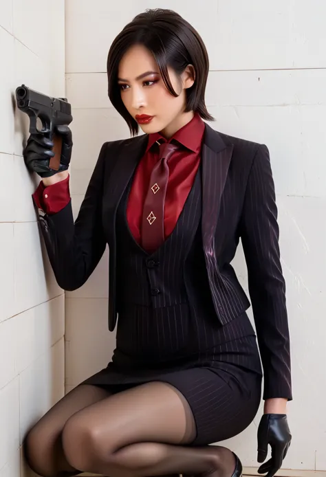 score_9, score_8_up, score_7_up, ada wong, awong_re4rm, three-piece suit,  formal, jewelry, ((waistcoat)), black pinstripe skirt...