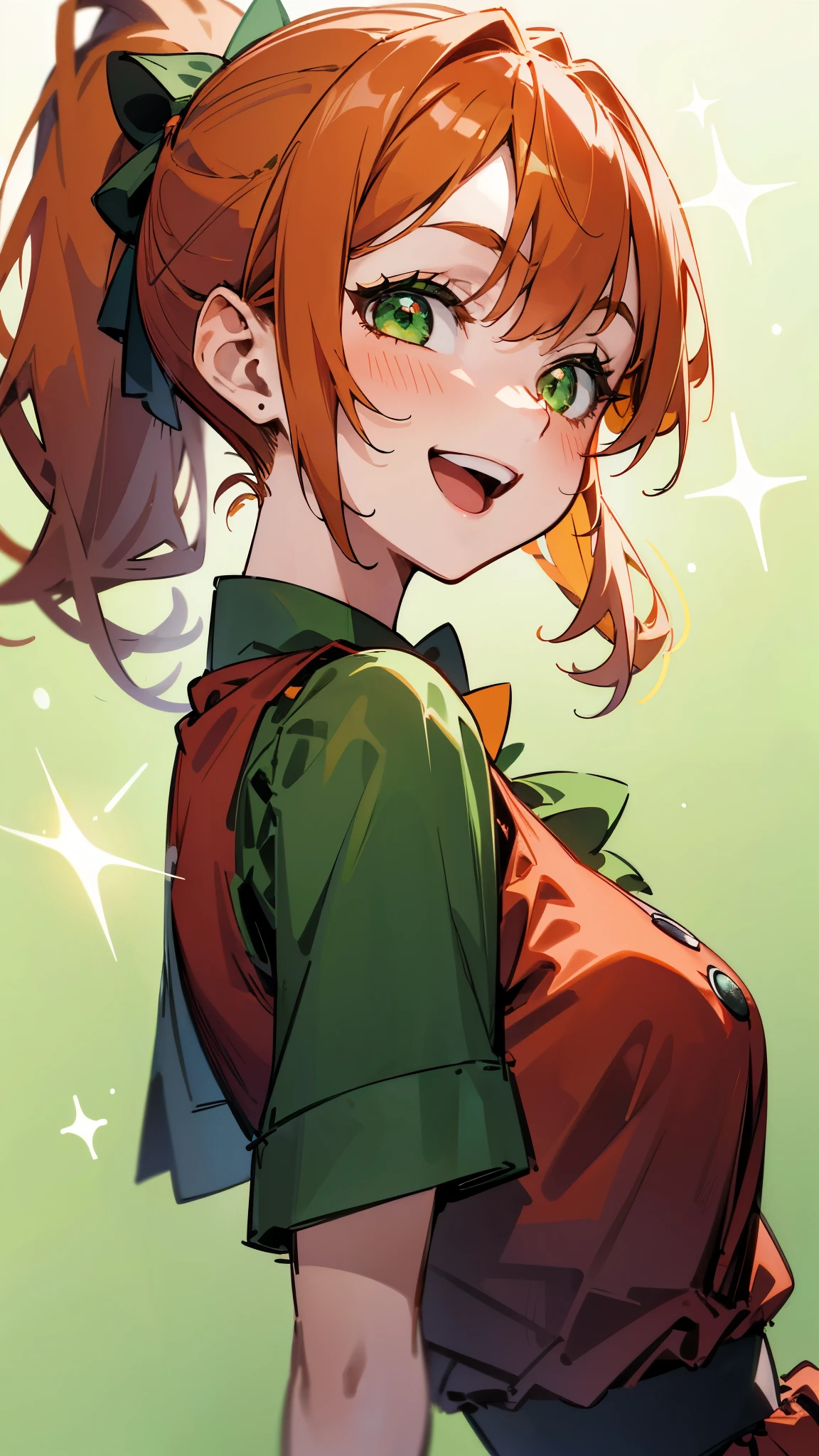 1 girl、Orange Hair、Big round green eyes、Side Ponytail、Smiling a little、smile、Open Mouth、From the side、Christmas、Dressed as Santa Claus、Red and green based colors、Upper body close-up、(Professional Lighting)、Write Boundary Depth、Simple Background