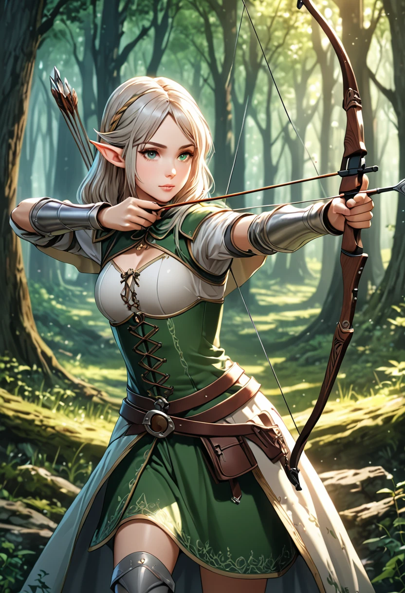 (masterpiece:1.2),(anime),(Medieval Background),(Elf sisters)、((Ready your bow)),((Shoot a bow))、Rogue Outfit、(Archer)、in the forest、((Fantasy)),Fantasy、cute、Light Effects