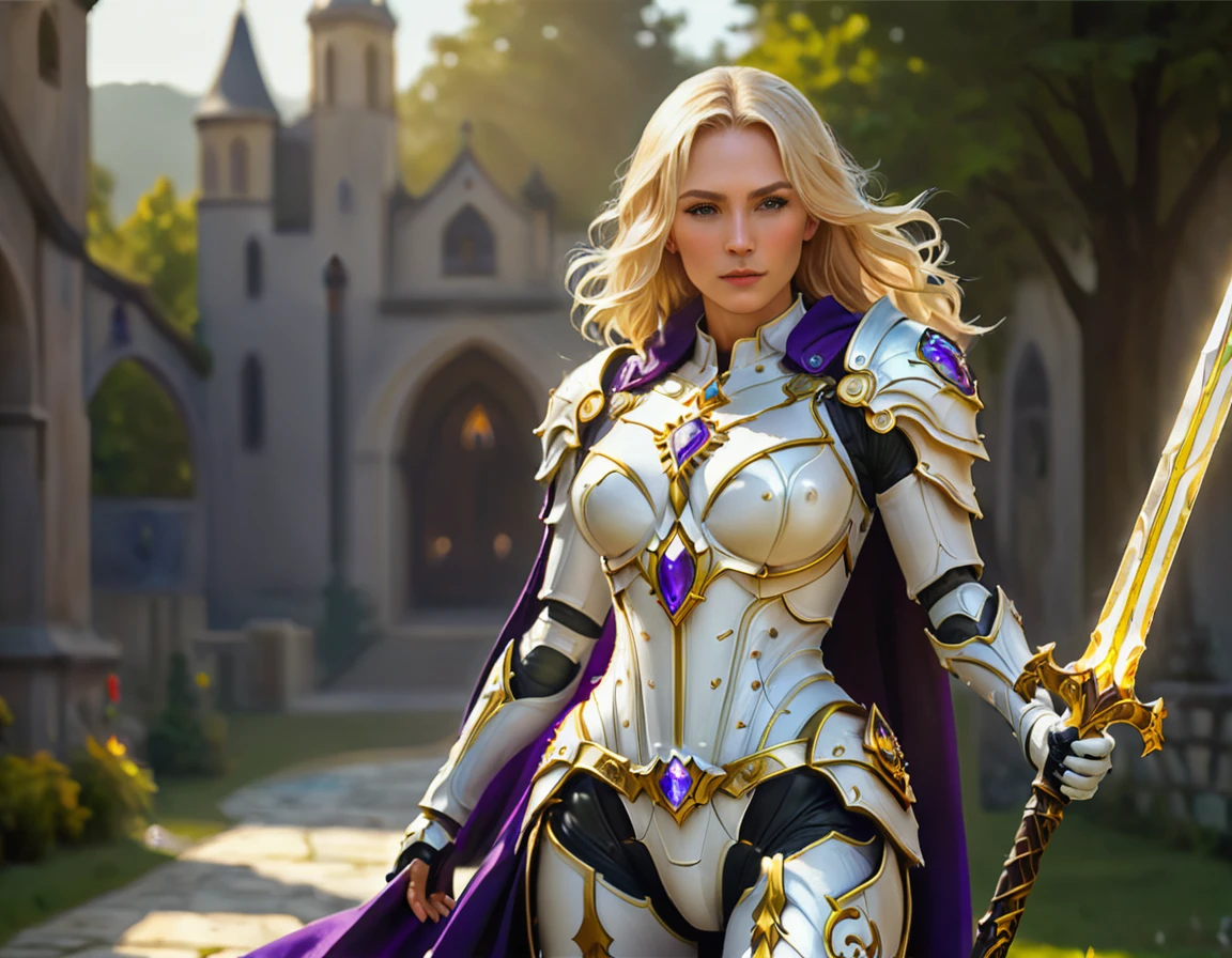 female elf, (Masterpiece 1.5, intense details)cleric, paladin, (Masterpiece 1.5, intense details), casting a spell (Masterpiece 1.3, intense details),wearing heavy white armor (Masterpiece 1.2, intense details), purple cloak with sun symbol, flowing (Masterpiece 1.5, intense details) holy symbol, armed with  (radiant long sword: 1.3),  blond hair,  frown, serious, high detail, Realism, Action painting, depth of field, god rays, wide shot, panorama, Ultra-Wide Angle, UHD, super detail, high quality, 16K, highres, art by mooncryptowow