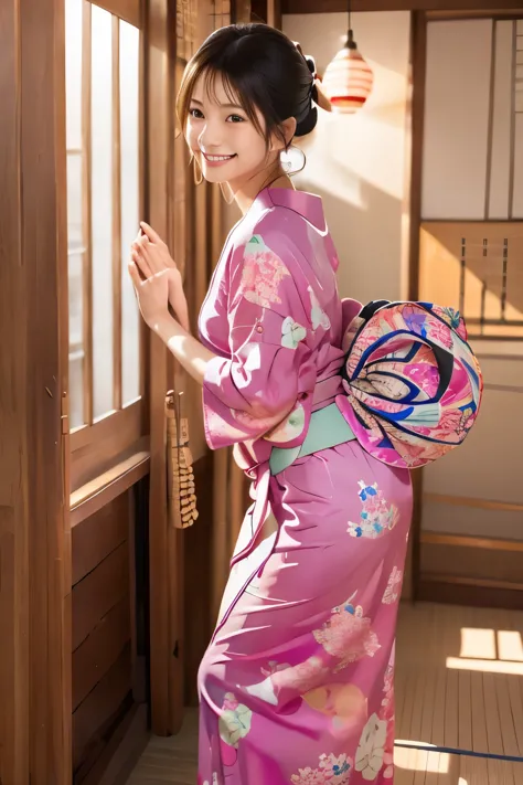 smile,vivid,room,look at, yukata,