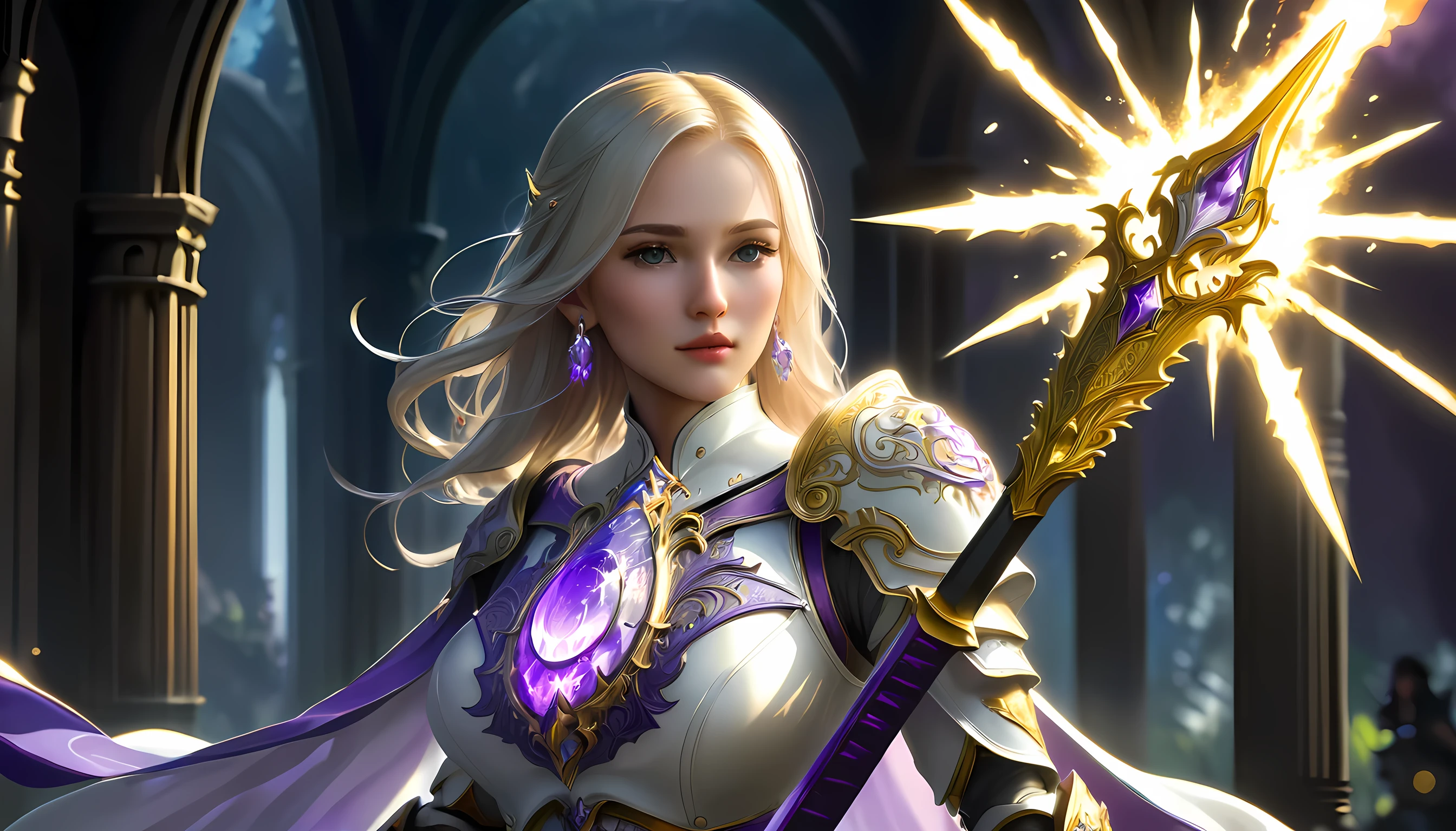 female elf, (Masterpiece 1.5, intense details)cleric, paladin, (Masterpiece 1.5, intense details), casting a spell (Masterpiece 1.3, intense details),wearing heavy white armor (Masterpiece 1.2, intense details), purple cloak with sun symbol, flowing (Masterpiece 1.5, intense details) holy symbol, armed with  (radiant long sword: 1.3),  blond hair,  frown, serious, high detail, Realism, Action painting, depth of field, god rays, wide shot, panorama, Ultra-Wide Angle, UHD, super detail, high quality, 16K, highres, art by mooncryptowow