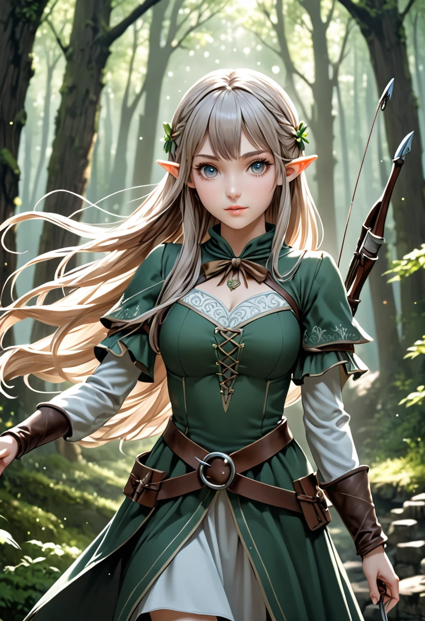 (masterpiece:1.2),(anime),(Medieval Background),(Elf sisters)、((Ready your bow)),((Shoot a bow))、Rogue Outfit、(Archer)、in the forest、((Fantasy)),Fantasy、cute、Light Effects