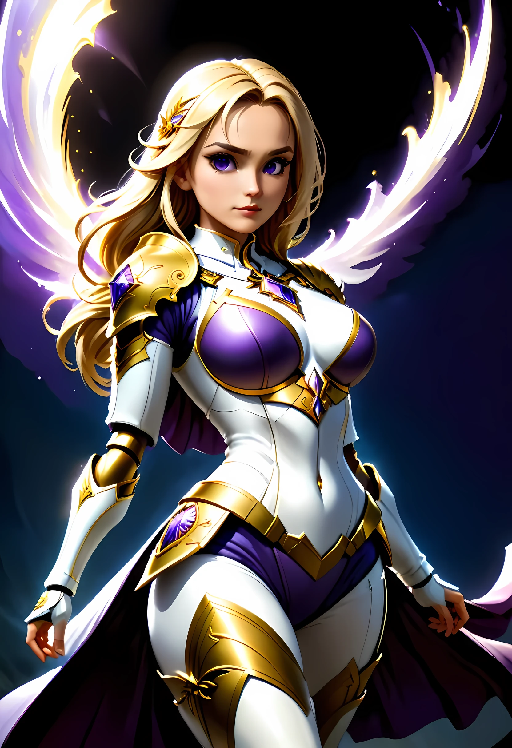 female elf, (Masterpiece 1.5, intense details)cleric, paladin, (Masterpiece 1.5, intense details), casting a spell (Masterpiece 1.3, intense details),wearing heavy white armor (Masterpiece 1.2, intense details), purple cloak with sun symbol, flowing (Masterpiece 1.5, intense details) holy symbol, armed with  (radiant long sword: 1.3),  blond hair,  frown, serious, high detail, Realism, Action painting, depth of field, god rays, wide shot, panorama, Ultra-Wide Angle, UHD, super detail, high quality, 16K, highres, art by mooncryptowow