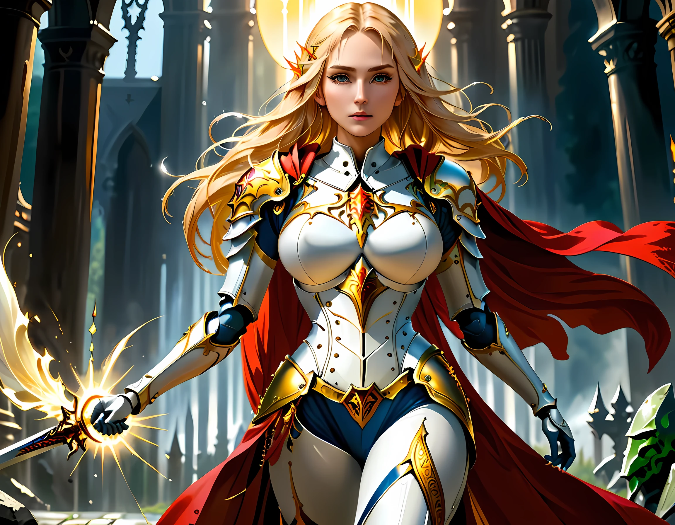 female elf, (Masterpiece 1.5, intense details)cleric, paladin, (Masterpiece 1.5, intense details), casting a spell (Masterpiece 1.3, intense details),wearing heavy white armor (Masterpiece 1.2, intense details), red cloak with sun symbol, flowing (Masterpiece 1.5, intense details) holy symbol, armed with  (radiant long sword: 1.3),  blond hair,  frown, serious, high detail, Realism, Action painting, depth of field, god rays, wide shot, panorama, Ultra-Wide Angle, UHD, super detail, high quality, 16K, highres, art by mooncryptowow