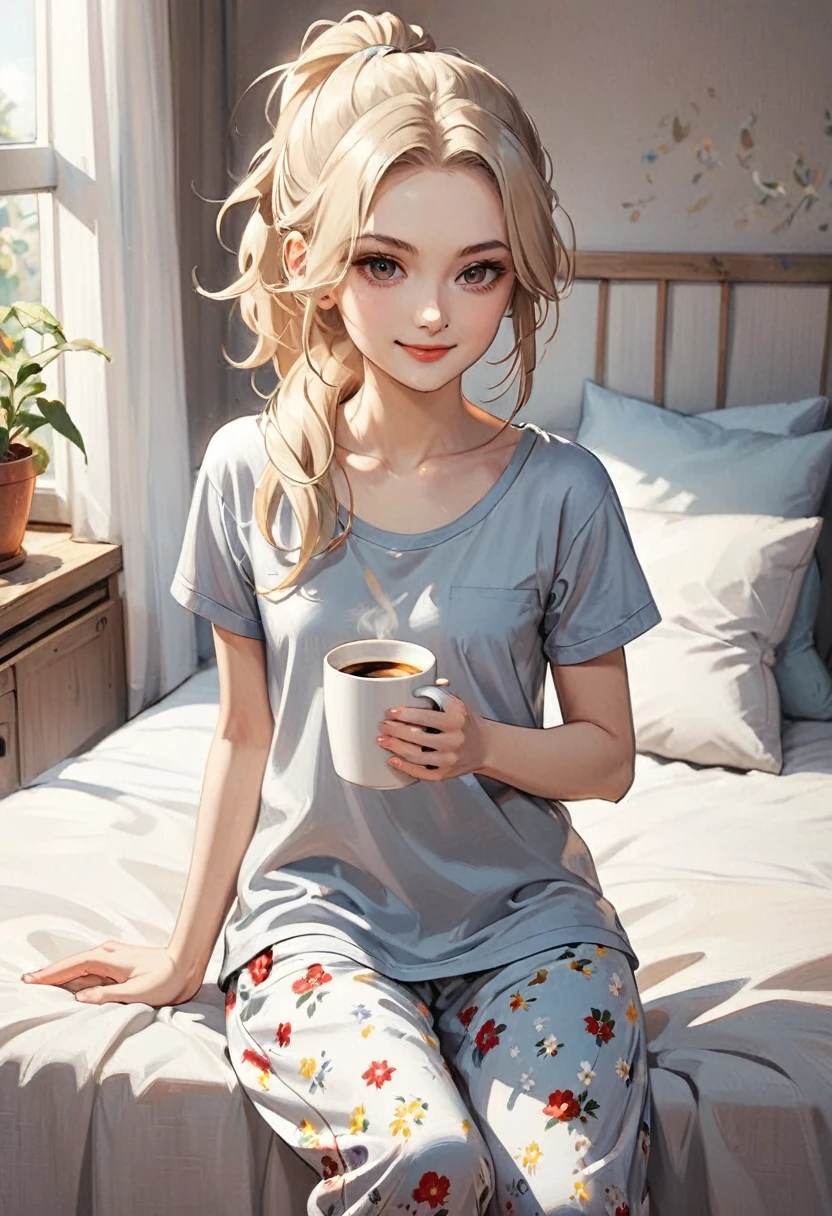 Good morning! Enjoying a cup of morning coffee. Pretty 21yo Slavic woman, perfect figure, small natural breasts, blond hair, brown eyes, ((very pale:1.3)),  Messy ponytail, very light makeup, t-shirt, pajama pants. Warm smile.