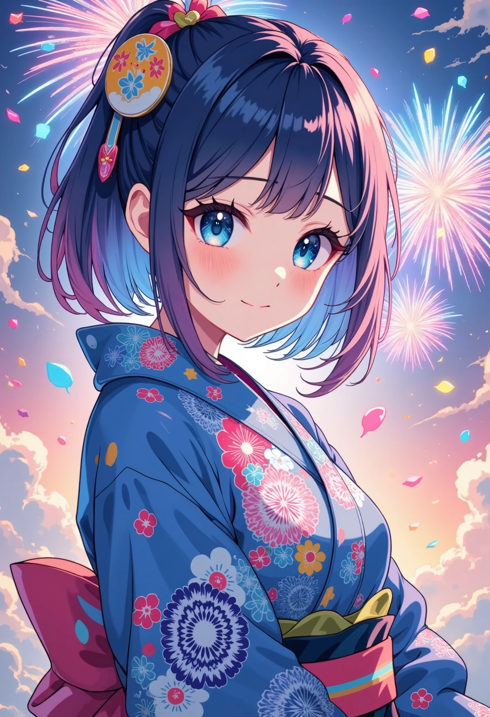 a beautiful girl in a yukata, sparkling eyes, perfect eyes, cinematic lighting, blue color theme, fireworks in the background, best quality, 8k, hyperrealistic, masterpiece, artist's interpretation