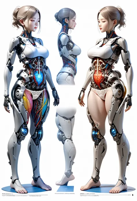 3DCG concept art.Detailed anatomy of one female android body half、The girl on the left half from the center has very beautiful detailed eyes and beautiful eyelashes、Detailed lips、Ultra-realistic textured skin、With her beautiful eyes closed、Beautiful detailed slightly large breasts、Beautiful cleavage、Wearing beautiful white transparent bras、Detailed and beautiful curves from the abdomen to the waist、Wear cute lace panties、The right half of the body depicts the internal mechanism of the android.、Everything is mechanical, from head to toe、Highly detailed mechanisms are built into the body、A blueprint of a girl is painted all over the white background、Science、Anatomically accurate depiction of a girl、Full Body View、(Realistic、ウルトラRealisticフォト:1.3) 、(Ultra HD、Masterpiece、Best Quality、4K.8k.1.5).Ultra Detail.High quality 3D rendering.Dramatic Lighting、Photo resolution taken with the highest quality camera、Award-winning、
