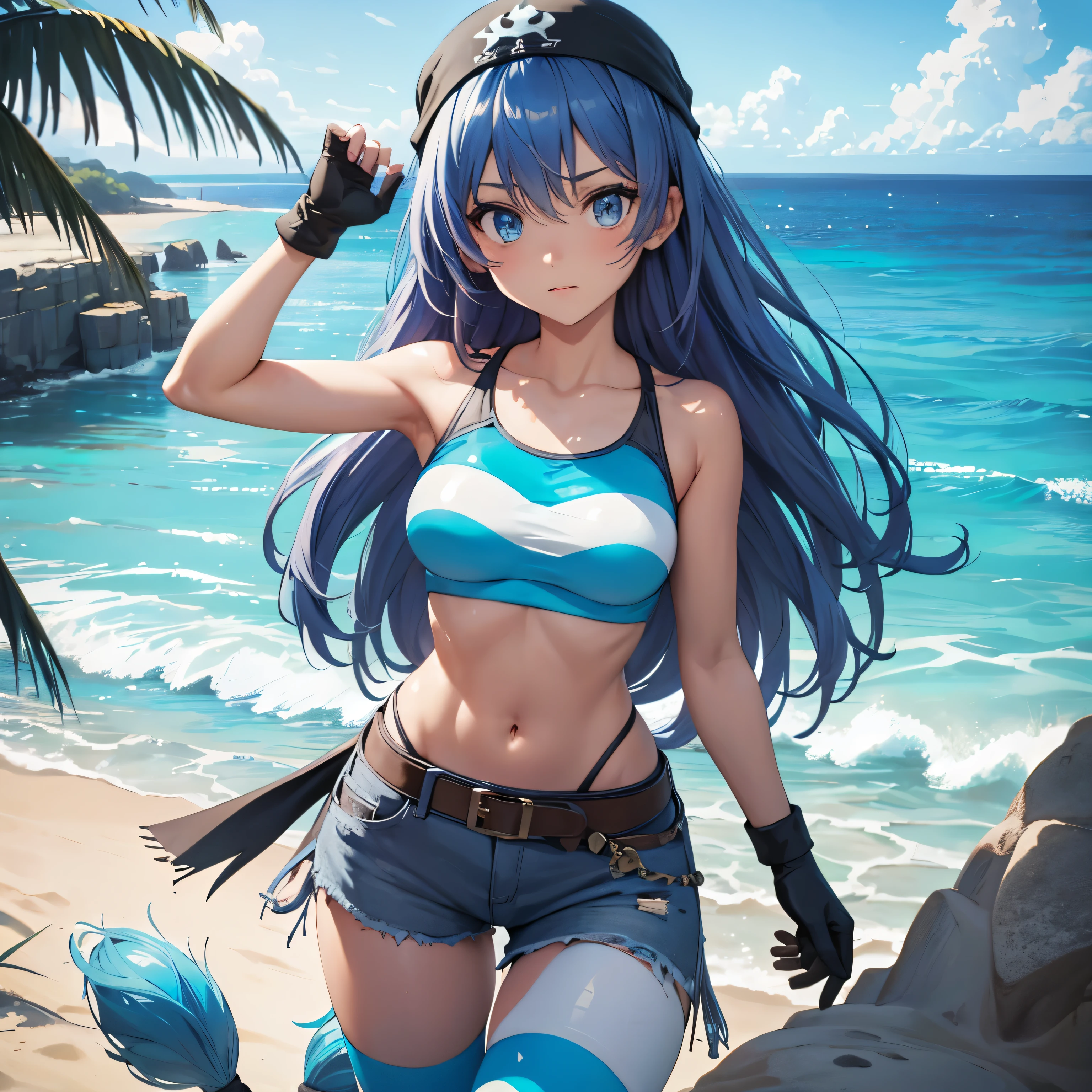 (insanely detailed, beautiful detailed face, masterpiece, best quality), ((masterpiece)),((best quality)),(highres), bokeh, looking at viewer, solo, 1girl, cowboy shot, pkmntag, bandana, striped crop top, armband, black shorts, black gloves, striped leggings, blue boots, medium breasts, white skin, eria ygo, blue hair, long hair, blue eyes,  hair between eyes, (((beach background, water background)))