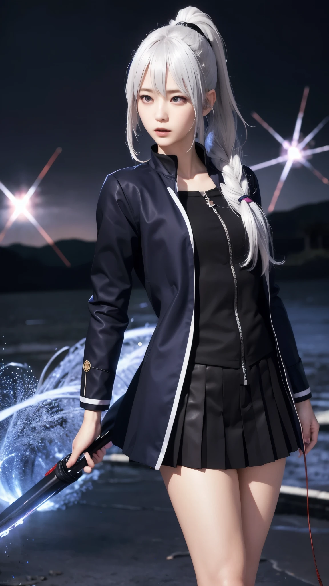 One girl, Japanese clothing, ponytail ,White Hair Purple Eyes, magic circle, Blue Fire, Blue Flame, wallpaper landscape, Blood, Blood splatter, Depth of written boundary, night, Particles of light, light, Side light, Thighs, destiny \(series\), Genshin Impact, ****, open jacketスカート, Thai High, cloud