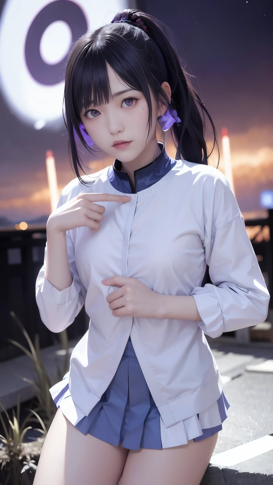 One girl, Japanese clothing, ponytail ,White Hair Purple Eyes, magic circle, Blue Fire, Blue Flame, wallpaper landscape, Blood, Blood splatter, Depth of written boundary, night, Particles of light, light, Side light, Thighs, destiny \(series\), Genshin Impact, ****, open jacketスカート, Thai High, cloud