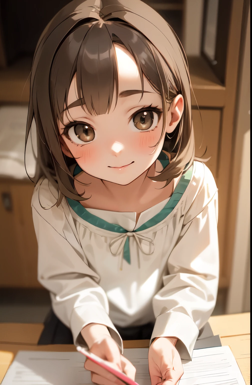 (masterpieceBest Quality),1 person  ,Best Quality,, , (child)，Solo image doing homework（masterpieceBest Quality）Light Brown Hair Kotori Aimiya - White Clothes ,small ,Beautiful Hair, Beautiful Face、Girl&#39;s room background