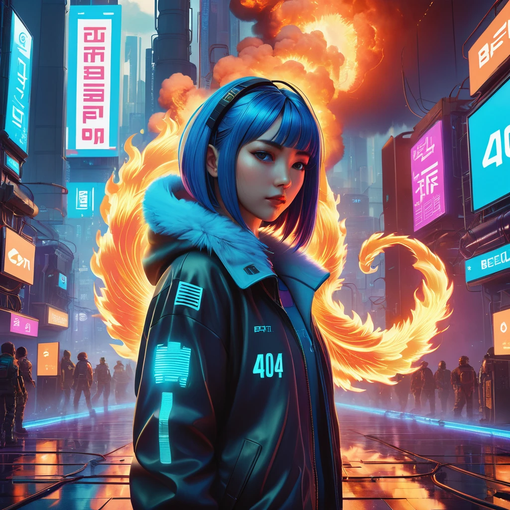 Advertising poster style 404, Text 404, Logo 404, City 404, Fusion 404, Machine scene with fire and flames, digital Cyberpunk anime art, digital Cyberpunk anime art, Beeple masterpiece, Beeple daily art, Beeple, Advanced digital cyberpunk art, Beeple hyperrealism, realism Beeple, Cyberpunk anime art, Beeple artwork, Beeple art close portrait,(Manga:1.3),Beautiful and attractive,good looking,Trending on ArtStation,Devian Art Contest Winners,CGSociety,Ultra-fine,detailed,Studio Lighting . professional【Contemporary, Product attention, commercial, Eye-catching, highly detailed