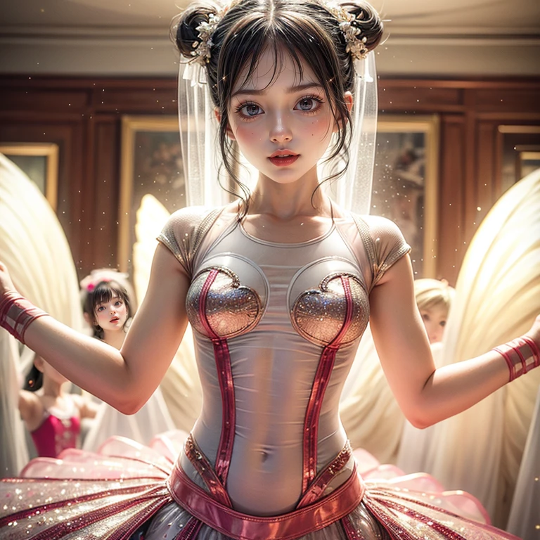 SFW, ExtremelyDetailed (((Kawaii Ballet Girls Group in a row:1.37))), Childish perfect face, Reflective Eyes, Detailed(Delicate Clothing textures), corrected hand, Dynamic Joyful Expressions LifeLike Rendering, (Specular Reflection:0.2), TopQuality 8K Ultra-detailed masterpiece (ProfessionalPhoto:1.37), (Acutance:0.8), (Luminism:1.28), (Light particles:0.75), (Muscle:-0.5), facing away ((from side)), (((Clearly visible KAWAII hip shape)))