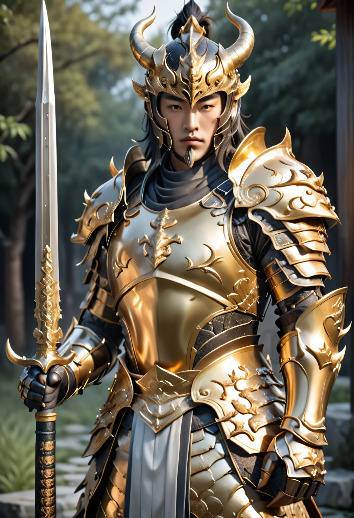 Warrior concept art, directed by: Jealous of you, Fantasy Art, Zen temple background, Clean render, horn, Wearing armor, Detailed Bushido form smoke, Helmet of a Forgotten God, Character standing, Realistic 8K, In game rendering, Detailed facial background, Art Station Home, Boy, Pseudo-Fantasia Medieval, God in Koi Armor, Detailed bronze armor, Bronze armor, Gold carved armor, Golden obsidian armor, Light gold armor, Gorgeous golden armor, Demon Warrior, Gorgeous armor full of thorns, Complex Assassin Armor, Complex metal armor, Powerful Warrior, Dressed in gorgeous gold armor，It is decorated with intricate patterns, Helmet with a large crown and two horns, All against darkness, The smoky scene is reminiscent of a war scene, Add a touch of style to your personality