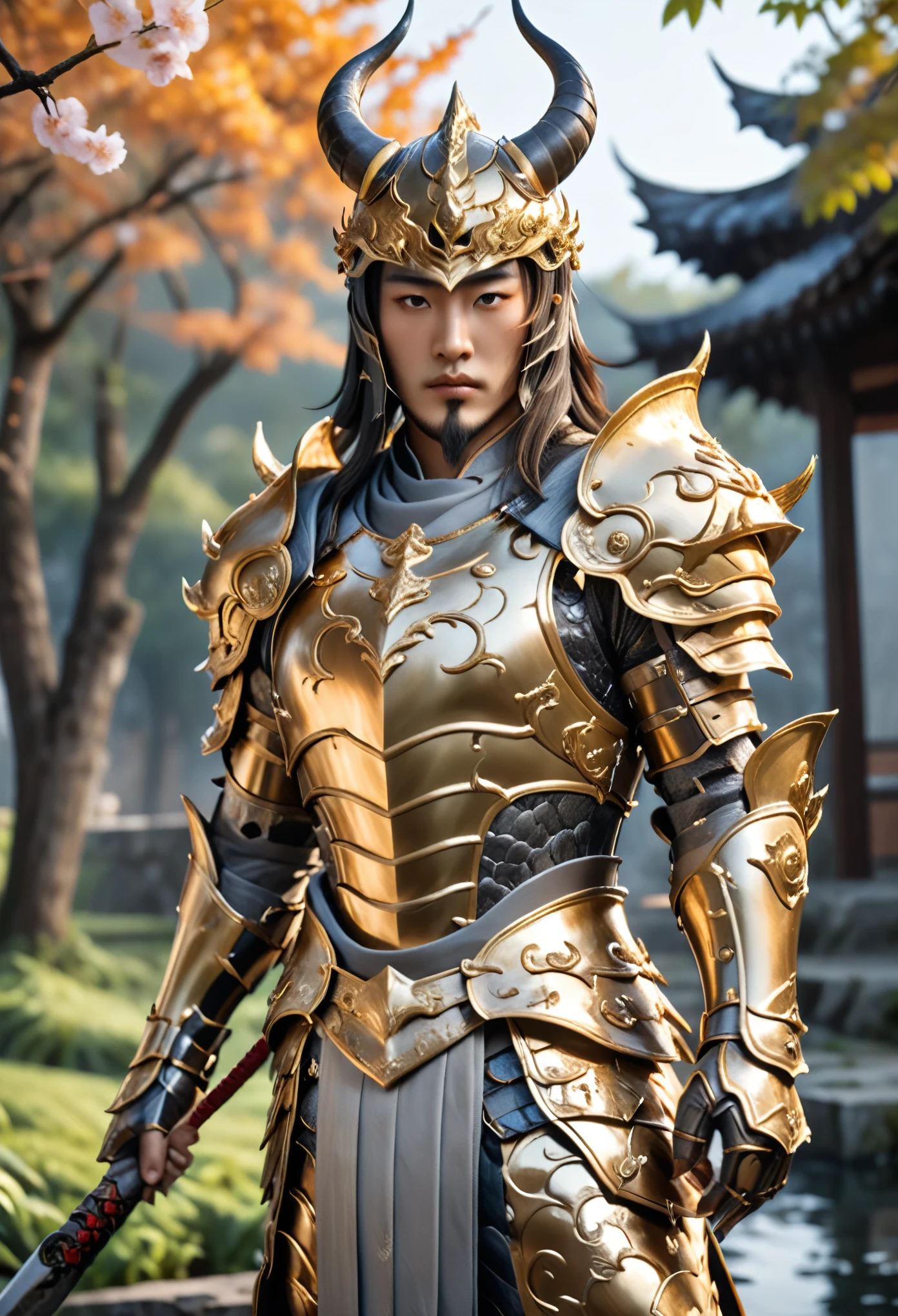 Warrior concept art, directed by: Jealous of you, Fantasy Art, Zen temple background, Clean render, horn, Wearing armor, Detailed Bushido form smoke, Helmet of a Forgotten God, Character standing, Realistic 8K, In game rendering, Detailed facial background, Art Station Home, Boy, Pseudo-Fantasia Medieval, God in Koi Armor, Detailed bronze armor, Bronze armor, Gold carved armor, Golden obsidian armor, Light gold armor, Gorgeous golden armor, Demon Warrior, Gorgeous armor full of thorns, Complex Assassin Armor, Complex metal armor, Powerful Warrior, Dressed in gorgeous gold armor，It is decorated with intricate patterns, Helmet with a large crown and two horns, All against darkness, The smoky scene is reminiscent of a war scene, Add a touch of style to your personality