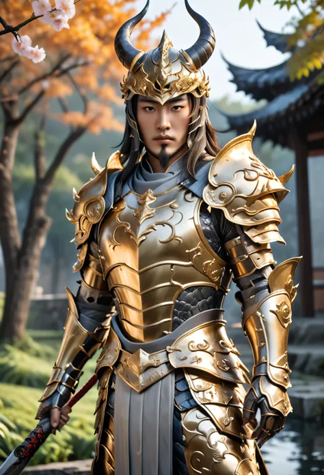 warrior concept art, directed by: jealous of you, fantasy art, zen temple background, clean render, horn, wearing armor, detaile...