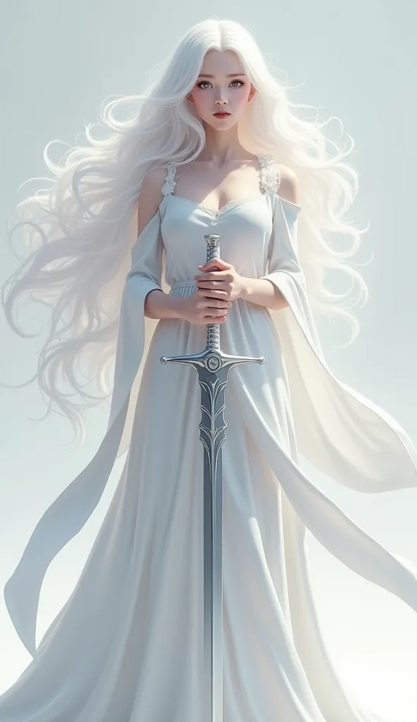 A white-haired girl wearing a white dress、Holy Knight， whole body、Dignified pose、armor、Carrying a Sword、Detailed face, Detailed skin, Beautiful Hair、(Best Quality、High resolution、masterpiece)、8k、wallpaper、
