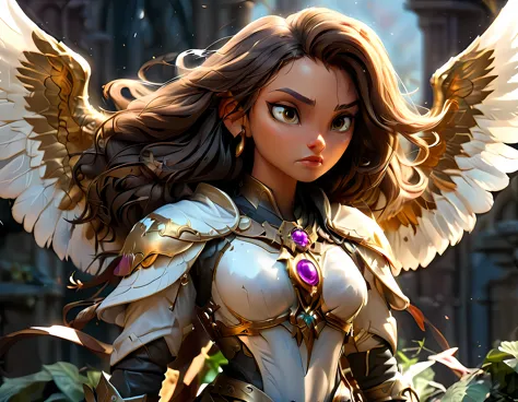 an epic fantasy art of aasimar, female, paladin ready for battle under the full moon, holy warrior, spread large feathered wings...