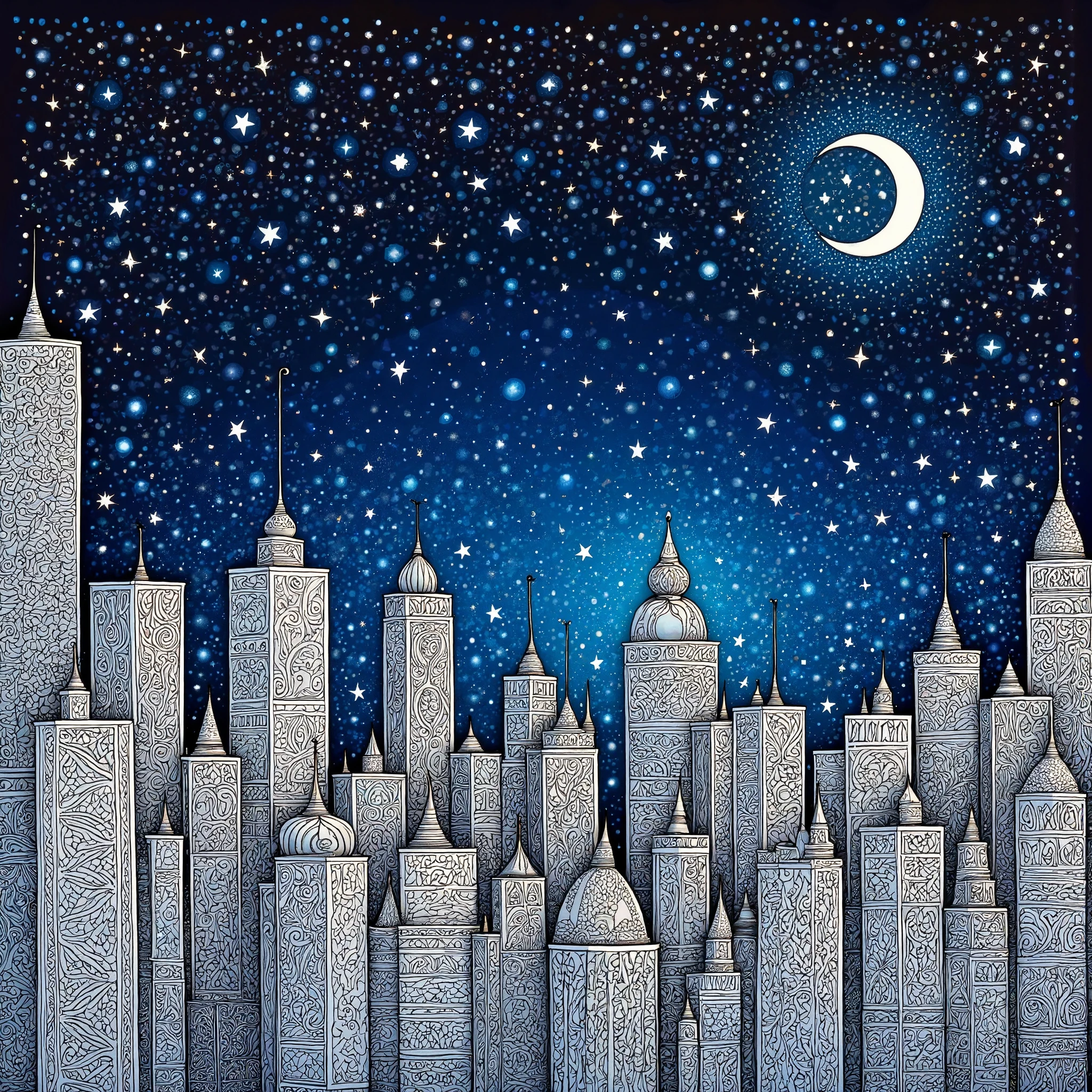 (zentangle style painting:Cityscape with moon and stars in the night sky)