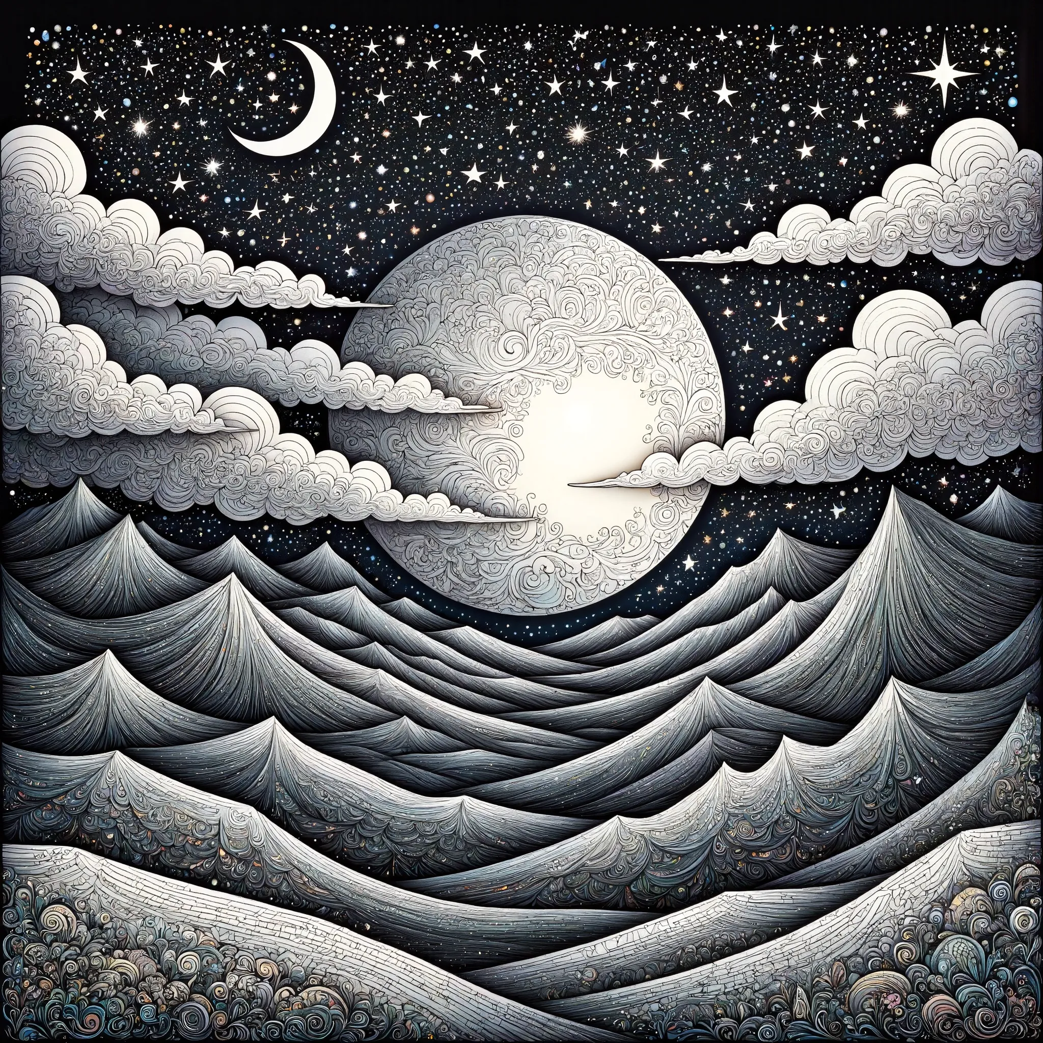 (masterpiece, best quality:1.2),zentangle style painting, landscape, night sky, full moon, crescent moon, stars, celestial, nature, serene, tranquil, calming, intricate patterns, detailed linework, abstract, monochrome, black and white