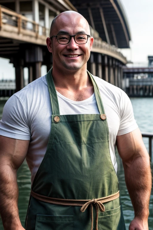 An award-winning original photo, A musclebear man, Japanese man, ((fisherman)), (30 years old daddy: 1.1), 1 man, Solo, white headband, (brown apron), green t shirt, broad shoulders, strong physique, bald, hairy arms, chubby and stout, stubbles (Detailed body), realistic eyes, (glasses), smiling, looking at viewer, lighting (Best quality, high resolution, Photorealistic), Cinematic lighting, Masterpiece, RAW photo, Intricate details, hdr, depth of field, upper body and face shot (realistic: 1.4), (from the front), pier in the background, daylight