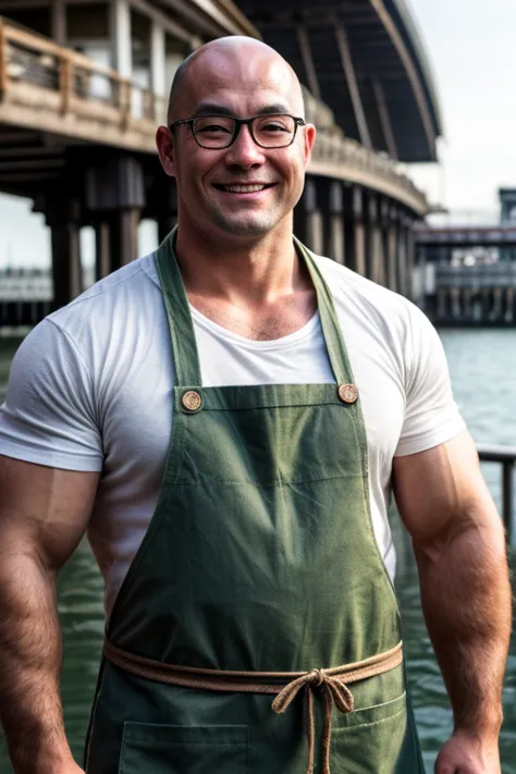 An award-winning original photo, A musclebear man, Japanese man, ((fisherman)), (30 years old daddy: 1.1), 1 man, Solo, white headband, (brown apron), green t shirt, broad shoulders, strong physique, bald, hairy arms, chubby and stout, stubbles (Detailed body), realistic eyes, (glasses), smiling, looking at viewer, lighting (Best quality, high resolution, Photorealistic), Cinematic lighting, Masterpiece, RAW photo, Intricate details, hdr, depth of field, upper body and face shot (realistic: 1.4), (from the front), pier in the background, daylight