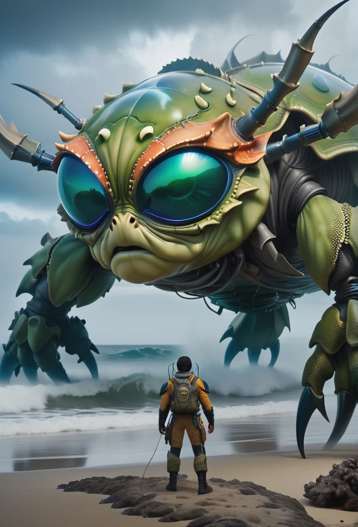 （A giant crab stands in the fog and stares fiercely at a man begging for help），（a creature 5 meters tall:1.0），（Huge white eyes are unusually bright：1.37）（The giant's thick legs stand on the reef） ，（The shell is dark green）， （Dark blue wide oval abdomen）, （Very hard and thick shell texture）， (There are a pair of large protruding compound eyes：0.8），（Unusually long and flexible antennae：1.1），（The length is about 1/3 The width of the crab's body：0.5） ，（There is a small pair of pliers on the top of the head），（Fresh fluff：0.8）， giant ethereal creature,The texture is clear， （People who ask for help：1.37），（Deep blue lightning thundering sky）， Background with：nebulous sky，（safe：1.1），（rough sea），（Greatwave），Reef， Reality，Epic，ultraclear，afterimage, Dutch angle, From below, Sony FE GM, Chiaroscuro, Blurry, hyper HD, Masterpiece, Textured skin, Super detail, High details, High quality, Award-Awarded, Best quality, A high resolution, 8k，Epic，sci-fy，Futuristic fantasy，cotw，Thriller