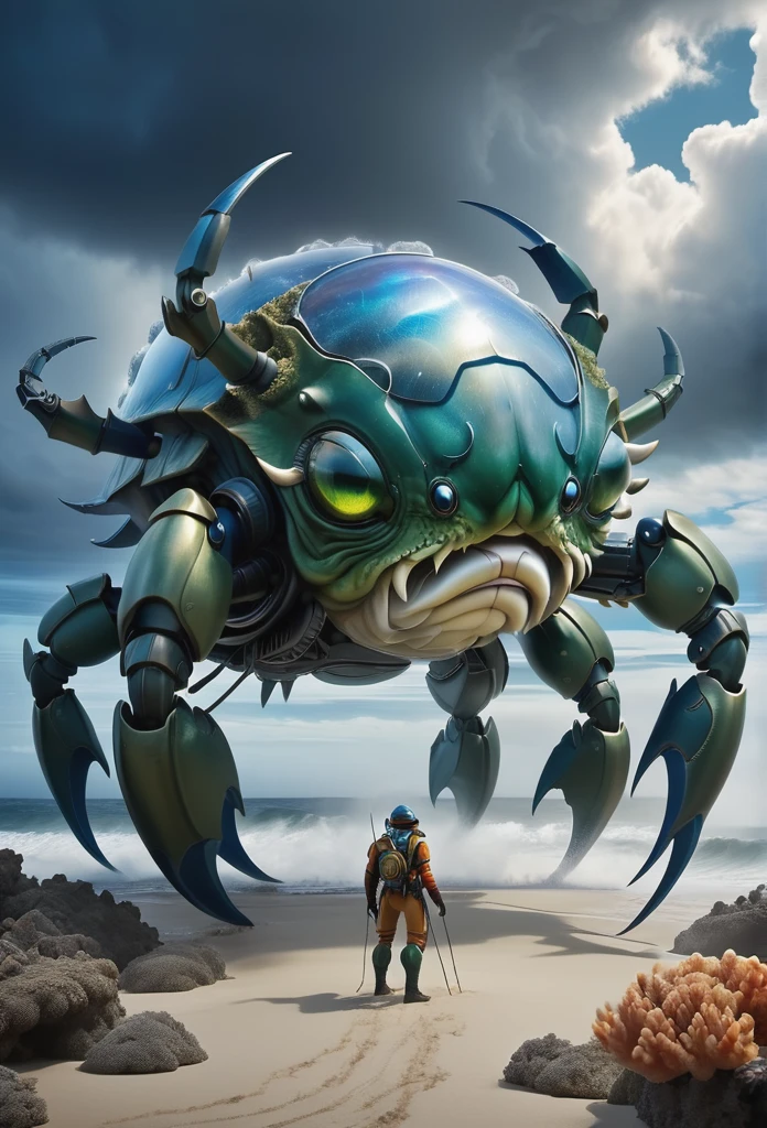 （A giant crab stands in the fog and stares fiercely at a man begging for help），（a creature 5 meters tall:1.0），（Huge white eyes are unusually bright：1.37）（The giant's thick legs stand on the reef） ，（The shell is dark green）， （Dark blue wide oval abdomen）, （Very hard and thick shell texture）， (There are a pair of large protruding compound eyes：0.8），（Unusually long and flexible antennae：1.1），（The length is about 1/3 The width of the crab's body：0.5） ，（There is a small pair of pliers on the top of the head），（Fresh fluff：0.8）， giant ethereal creature,The texture is clear， （People who ask for help：1.37），（Deep blue lightning thundering sky）， Background with：nebulous sky，（safe：1.1），（rough sea），（Greatwave），Reef， Reality，Epic，ultraclear，afterimage, Dutch angle, From below, Sony FE GM, Chiaroscuro, Blurry, hyper HD, Masterpiece, Textured skin, Super detail, High details, High quality, Award-Awarded, Best quality, A high resolution, 8k，Epic，sci-fy，Futuristic fantasy，cotw，Thriller