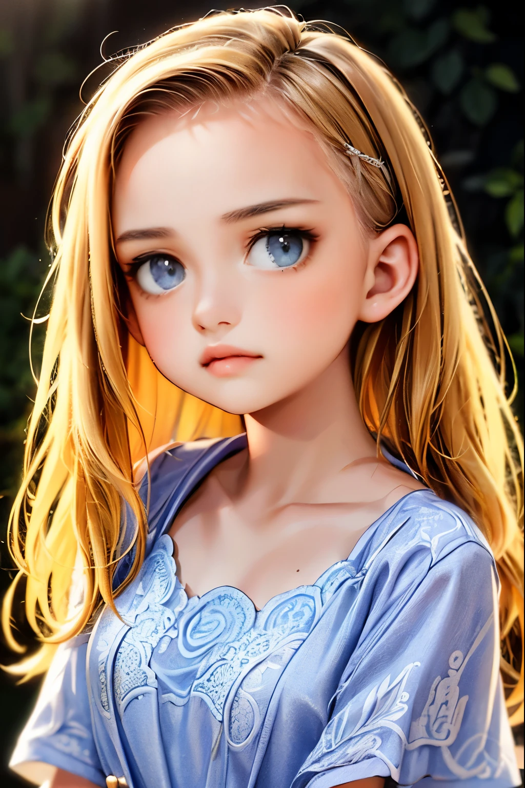 A beautiful young girl, hyperrealistic, chiaroscuro lighting, extremely detailed, highly detailed portrait, intricate facial features, delicate skin, flowing hair, elegant expression, serene gaze, graceful pose, cinematic atmosphere, dramatic shadows and highlights, cinematic color palette, moody and evocative, breathtaking realism, masterpiece, best quality, 8k, photorealistic