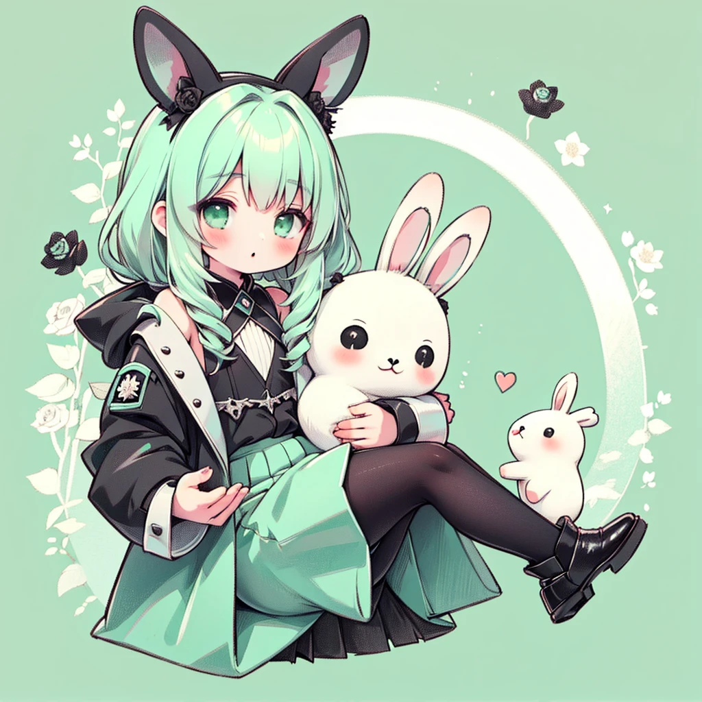 Handsome face、Chibi、Mint Green Background、Black clothes、Long sleeves with flared cuffs、Shoulders are exposed、One-piece flared skirt、A rabbit holding a stuffed toy in one hand、Black and mint green palette、Gothic Shoes、Front facing、Black Rose、🌙、Perfect Anatomy、heart、