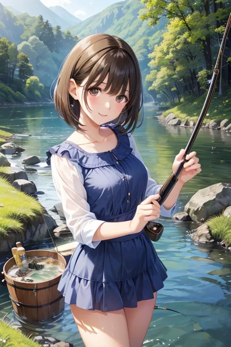 my grandmother、Shiny brown hair, Short Hair, (Beautiful brown eyes、Sparkling eyes, Fine grain)、smile、Ultra-detailed eyes、Highly detailed face, Highly detailed eyes,Cowboy Shot、



masterpiece of the highest quality,multiple, girl, On a beautiful river、fishing、(Holding a fishing rod:1.4)、網で魚fishingをする、(Holding a bucket)、Water Play、Sandals,  short hair、 Swimwear、Dappled sunlight、Outdoor, nature, rock, grassland、