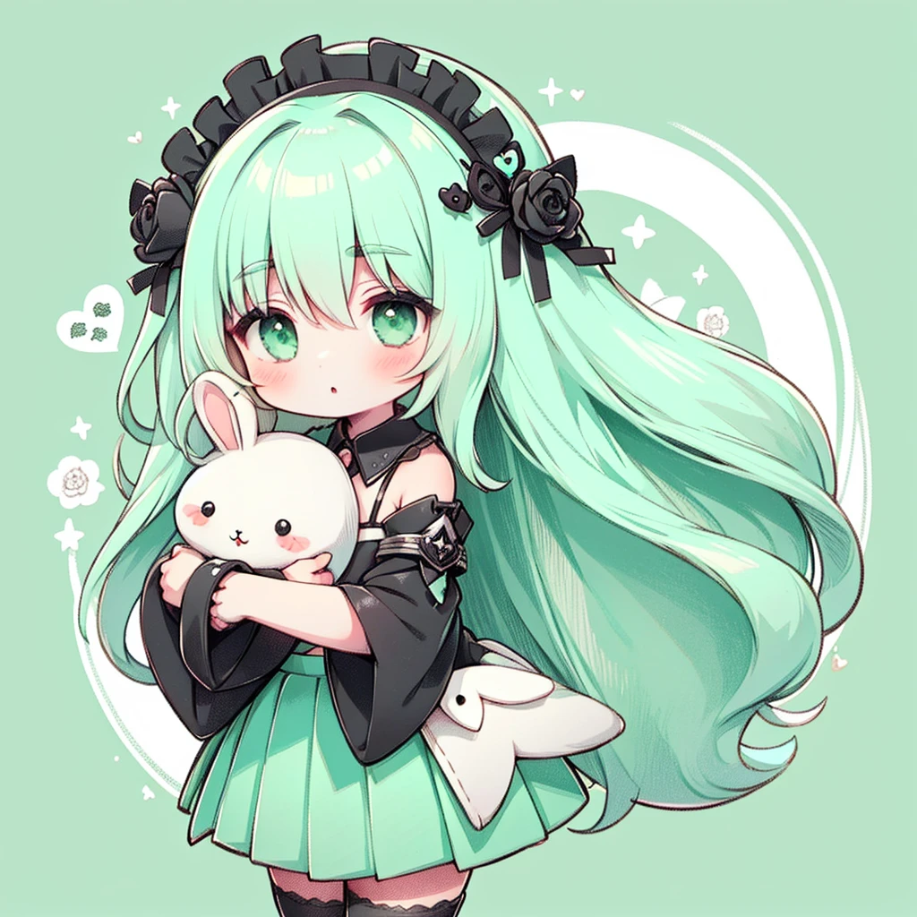 Handsome face、Chibi、Mint Green Background、Black clothes、Long sleeves with flared cuffs、Shoulders are exposed、One-piece flared skirt、A rabbit holding a stuffed toy in one hand、Black and mint green palette、Gothic Shoes、Front facing、Black Rose、🌙、Perfect Anatomy、heart、